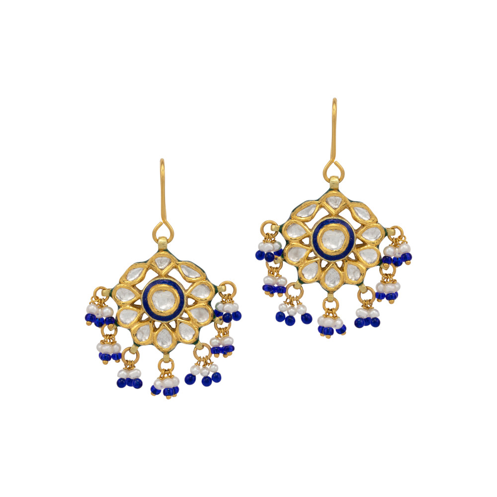 Polki Drop Earrings with Blue Enamel and Pearl Bead Accents